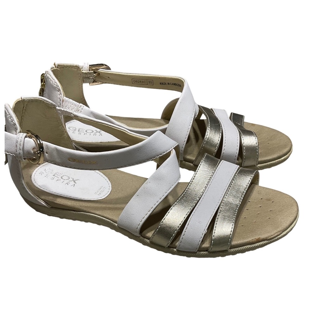 Geox Respira Metallic Gold Strappy Sandals Womens 35 White Flat Zip D82R6C
